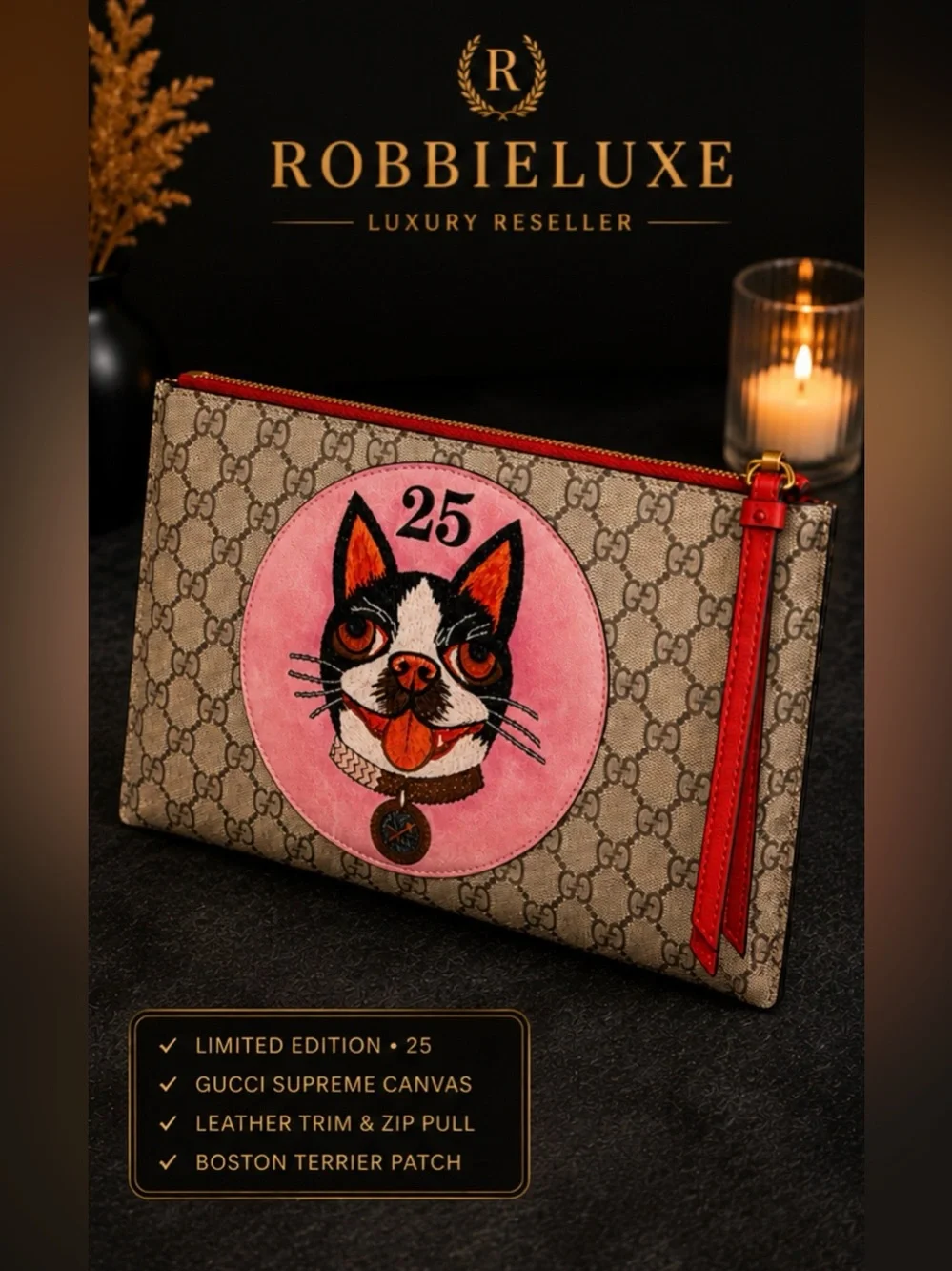 Gucci GG Supreme Limited Edition Bosco Boston Terrier Clutch Pouch ✨✨